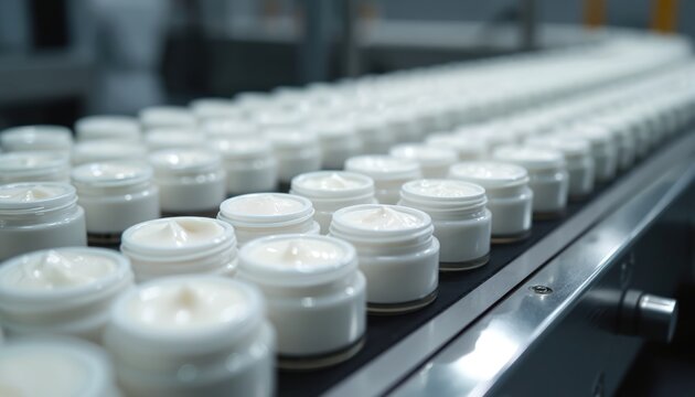 Rows of white glass jars filled with face cream move along an assembly line. Cosmetics production in a clean factory environment. Skincare products are manufactured and packaged for beauty.