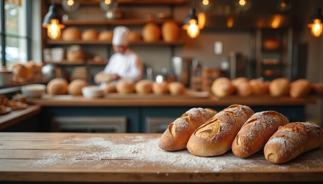 Fresh loaves lie on dusted wooden table. Chef bakes bread in backdrop kitchen. Warm bakery setting features culinary workspace. Interior captures artisanal food preparation, baking process. Delicious