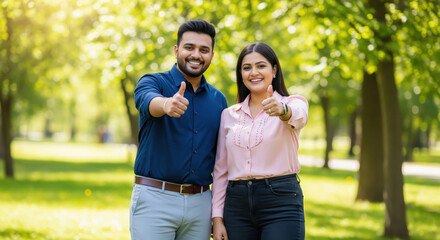 Obraz premium A cheerful Indian couple stands outdoors in a sunlit park, smiling and giving a thumbs-up gesture