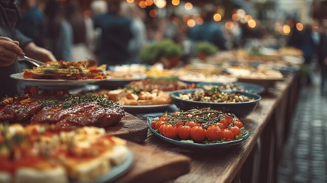 Bustling buffet line at a catered event, with guests serving themselves from a long table laden with a wide variety of colorful, delicious dishes.