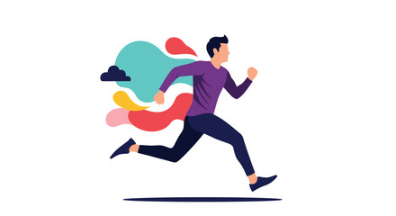 Dynamic young man running with energy and determination against a vibrant abstract background symbolizing motion and progress.