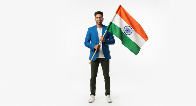 A handsome young Indian man in a blue blazer proudly holds the Indian flag against a minimalist white background.