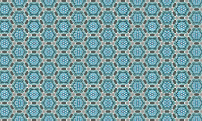 Seamless Geometric Pattern with Repeating Hexagon and Snowflake Motifs in Blue, Teal, and Grey Texture