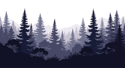 Fototapeta premium Serene silhouette of a misty evergreen forest with towering pine trees and distant mountains creating a peaceful natural landscape.