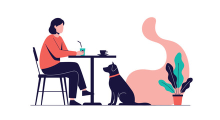 Relaxed young woman enjoying a coffee at an outdoor cafe table with her loyal black dog companion sitting patiently beside her.