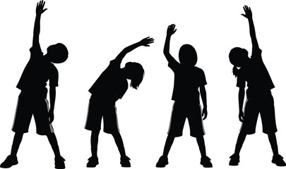 Black Silhouette Child Stretching Exercise Vector Set: Kids Warm-up, Flexibility Training, Physical Education, and Healthy Active Lifestyle Graphics