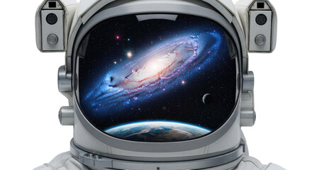 Astronaut helmet with a reflection of a spiral galaxy, stars, moon, and Earth in the visor, on a white background.