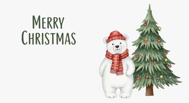 Festive christmas polar bear illustration with decorated evergreen tree wishing joy