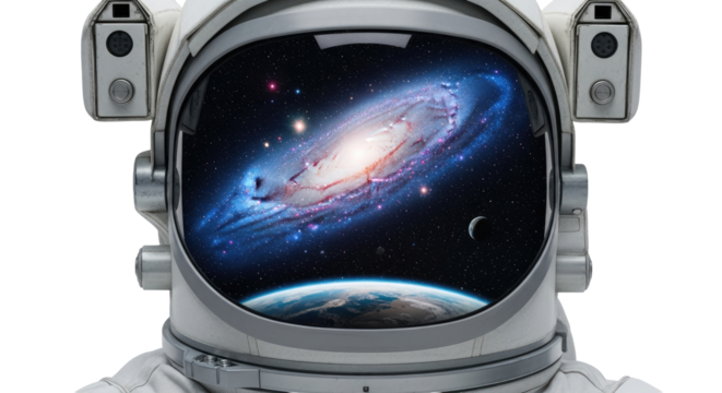 Astronaut helmet with a reflection of a spiral galaxy, stars, moon, and Earth in the visor, on a white background.