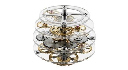 Intricate transparent watch movement with visible gears and jewels on multiple clear layers, showcasing precision engineering.