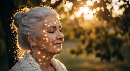 Senior woman enjoys the warm sunlight with bokeh effect on her face feeling peaceful and relaxed in nature