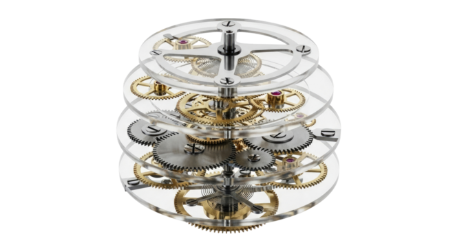 Intricate transparent watch movement with visible gears and jewels on multiple clear layers, showcasing precision engineering.