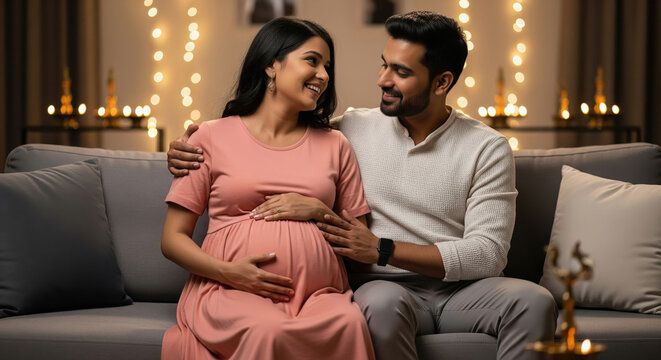 A loving Indian couple sits together on a sofa, with the man embracing his pregnant wife - Powered by Adobe