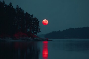 a crimson moon reflecting in the water