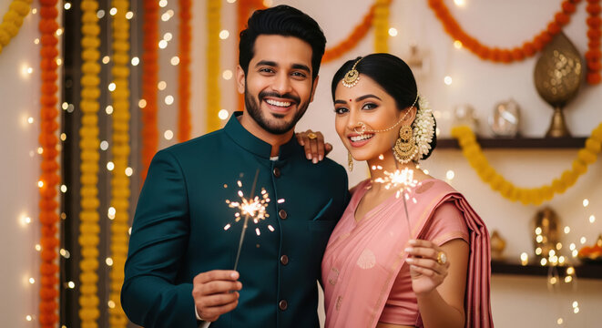 A joyful Indian couple smiles warmly, dressed in festive attire and holding sparklers, celebrating Diwali - Powered by Adobe