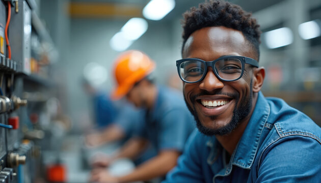 African American man smiles in factory. His colleagues work behind him wearing safety helmets. Diverse workers engaged in industrial manufacturing on production line. Modern factory setting.