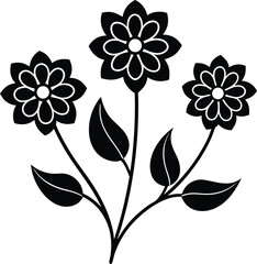 Three black and white flowers with leaves illustration