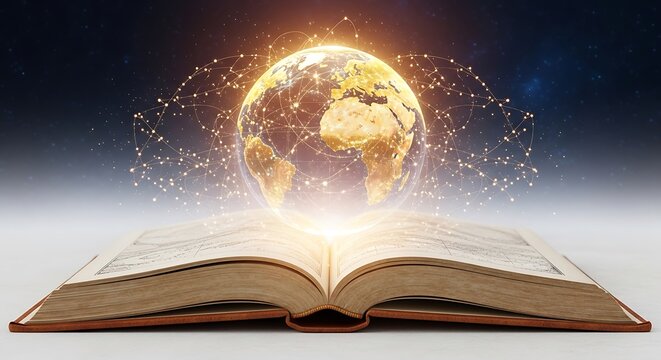 Open book with a glowing Earth hologram a concept for knowledge education and global connection against a starry background