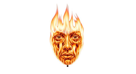 A detailed illustration of a human face engulfed in vibrant flames, set against a stark white background.