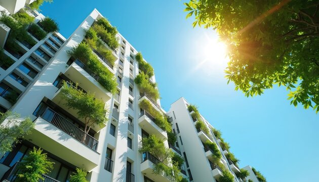 Modern apartment building features green balconies against blue sky. Sustainable architecture integrates urban living with nature. Sunlight highlights green design urban landscape. Residential - Powered by Adobe