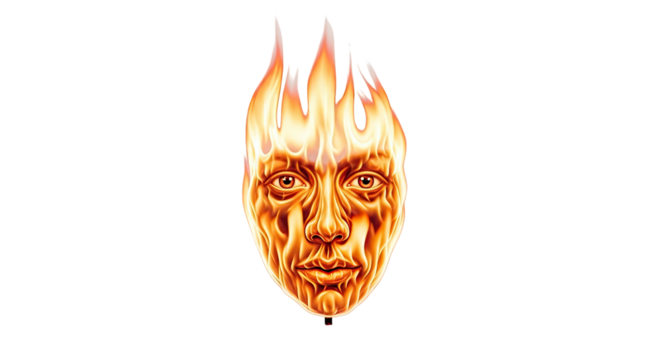 A detailed illustration of a human face engulfed in vibrant flames, set against a stark white background.