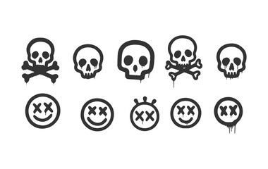 Collection of black and white skull and smiley face vector illustrations

