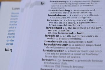 Close Up Of English Definition Dictionary Page Word Of - breakfast