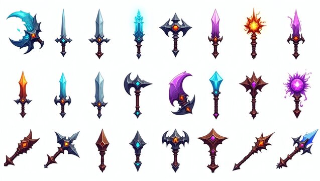 an assortment of stylized fantasy weapons, including swords, axes, and maces, in a variety of vibrant colors and designs