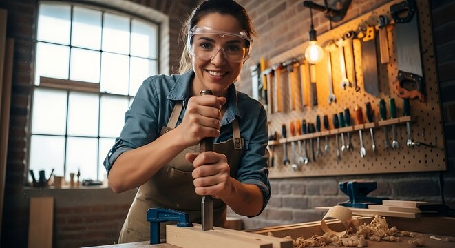 Smiling female carpenter chiseling wood in workshop wearing safety glasses surrounded by tools for woodworking projects - Powered by Adobe