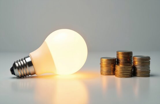 Bright light bulb illuminates next to stacks of coins. Concept represents high electricity costs energy saving. Photo for energy efficiency and financial topics. - Powered by Adobe