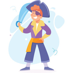 Joyful cartoon pirate with eye patch and sword wearing purple jacket and blue pants holding cutlass with orange sash on transparent background
