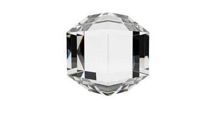 A clear, multifaceted crystal or gem with sharp edges and reflective surfaces, isolated on a white background.
