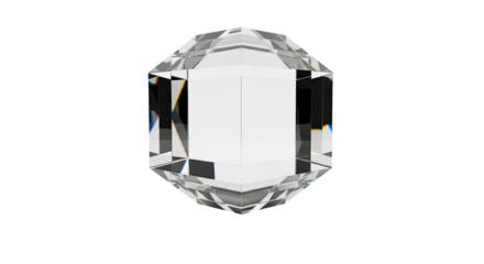 A clear, multifaceted crystal or gem with sharp edges and reflective surfaces, isolated on a white background.
