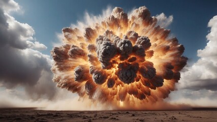 a massive explosion erupts in a barren landscape, with a large mushroom cloud billowing into the sky