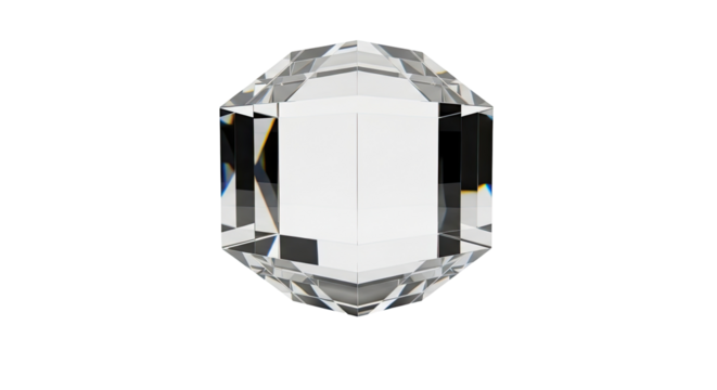 A clear, multifaceted crystal or gem with sharp edges and reflective surfaces, isolated on a white background.