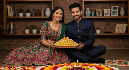 An elegant Indian couple sits together, holding a large plate of laddoos, surrounded by vibrant rangoli decor