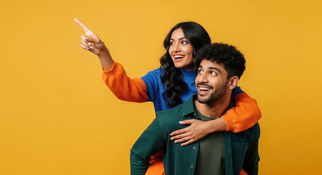 A playful young Indian couple poses with a piggyback gesture, smiling brightly against yellow background. - Powered by Adobe