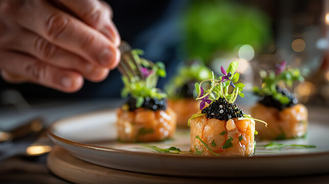 High-end restaurant pass with fish tartare plated in ring mold, microgreens and caviar, refined culinary scene, with copy space