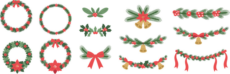 Christmas wreaths and garlands collection, festive holiday decorations, colorful vector elements, seasonal design assets, cad drawing flat vector illustration
