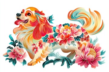 Obraz premium Character with flowers illustration art dog.