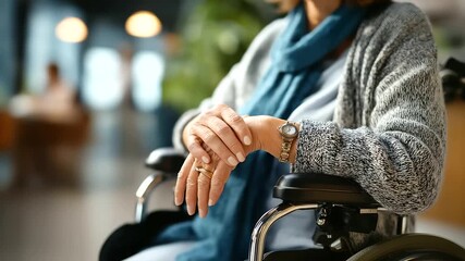 Senior woman's hands on wheelchair wheels face not shown mobility aid disability support wheelchair user independent living senior mobility assistive device home or