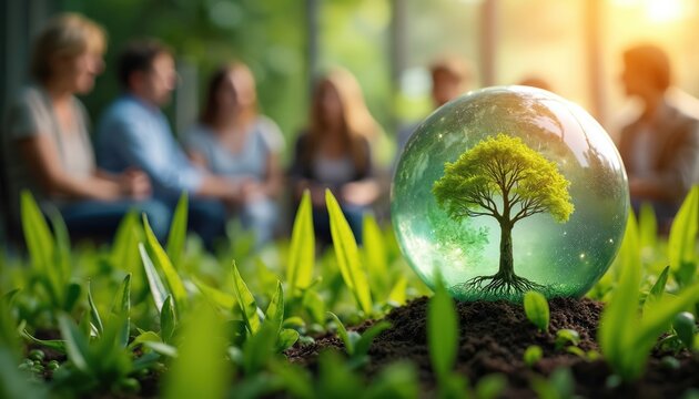 People sit near tree in a transparent bubble. Earth protection concept. Group of specialists discuss eco agenda, future of our planet and implementation of eco friendly solutions for business.