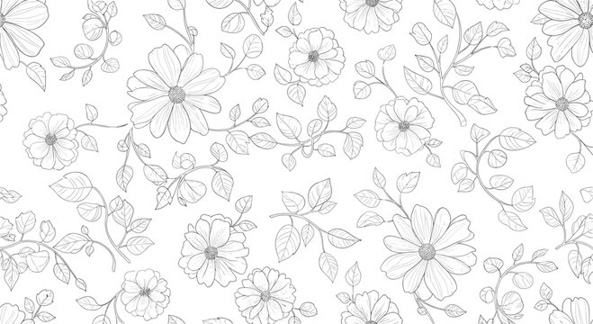 Elegant seamless floral pattern featuring detailed hand-drawn flowers and leaves in a monochrome black and white outline style.