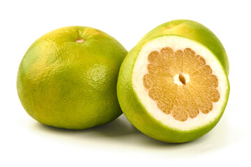 Pomelo citrus fruit and cross section, isolated on white background