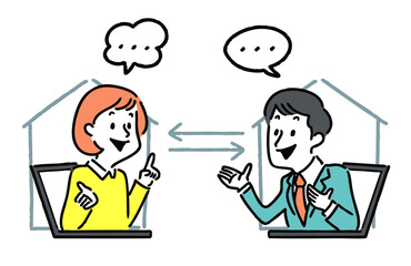 オンラインで会議する男性女性