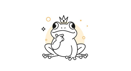 Fototapeta premium Minimalist line art illustration of a cute frog prince with a crown thinking curiously with subtle beige and gold accents.