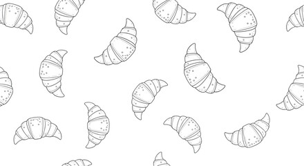 Seamless black and white pattern of delicious hand-drawn croissants in a simple line art style perfect for bakery branding.