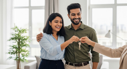 A cheerful young Indian couple receives house keys together, celebrating the purchase of their new home with smiles and excitement.