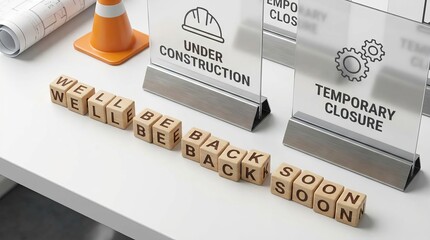 ‘WE’LL BE BACK SOON’ sign, symbolizing temporary closure and business under construction