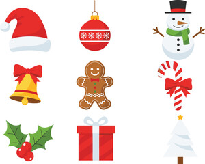 Collection of festive Christmas icons with snowman bell gingerbread and white tree, cad drawing flat vector illustration